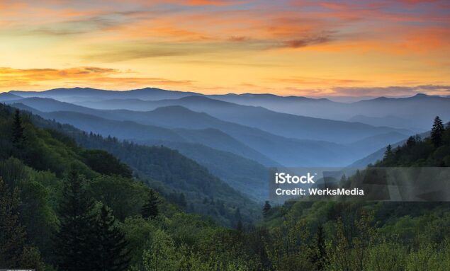 Sunrise Landscape Great Smoky Mountains National Park Gatlinburg TN and Oconaluftee Valley Cherokee NC