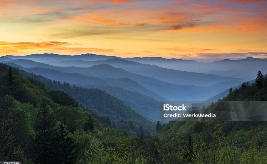 Sunrise Landscape Great Smoky Mountains National Park Gatlinburg TN and Oconaluftee Valley Cherokee NC